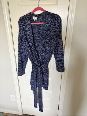 Talbots Navy Marled Belted Knit Cardigan